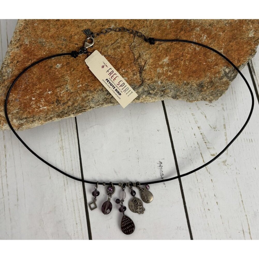 Free Spirit Black Necklace with Purple Charms